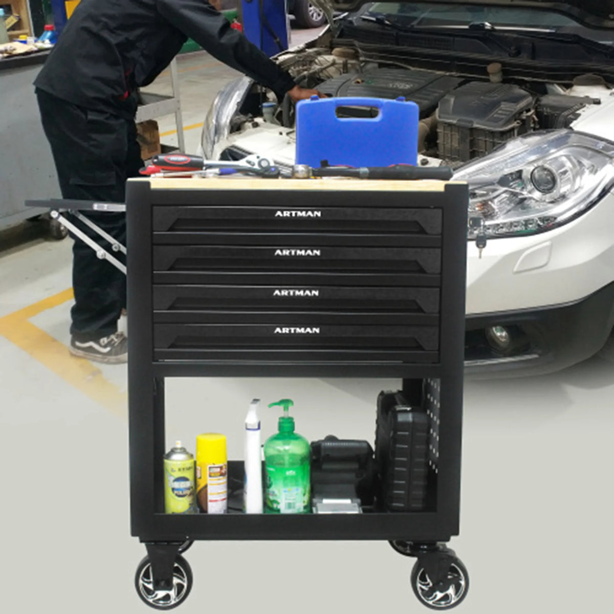 ARTMAN 4-Drawer Tool Cart with Wheels and Drawers ,Wood Top Tool Box Cart for Workshop Warehouse Garage
