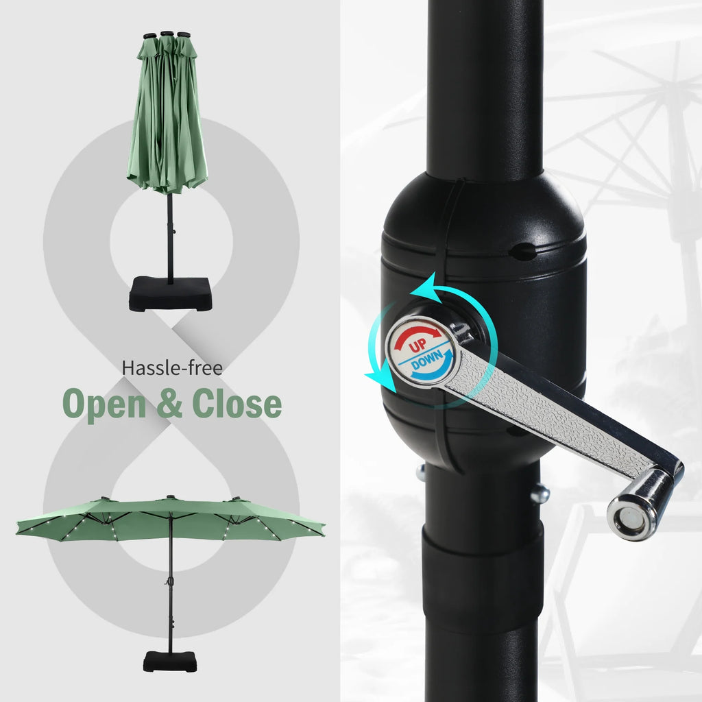 Summit Living 15 FT Double-Sided Solar Patio Umbrella with Base Large Outdoor Umbrella with LED Solar Lights - Haze Blue