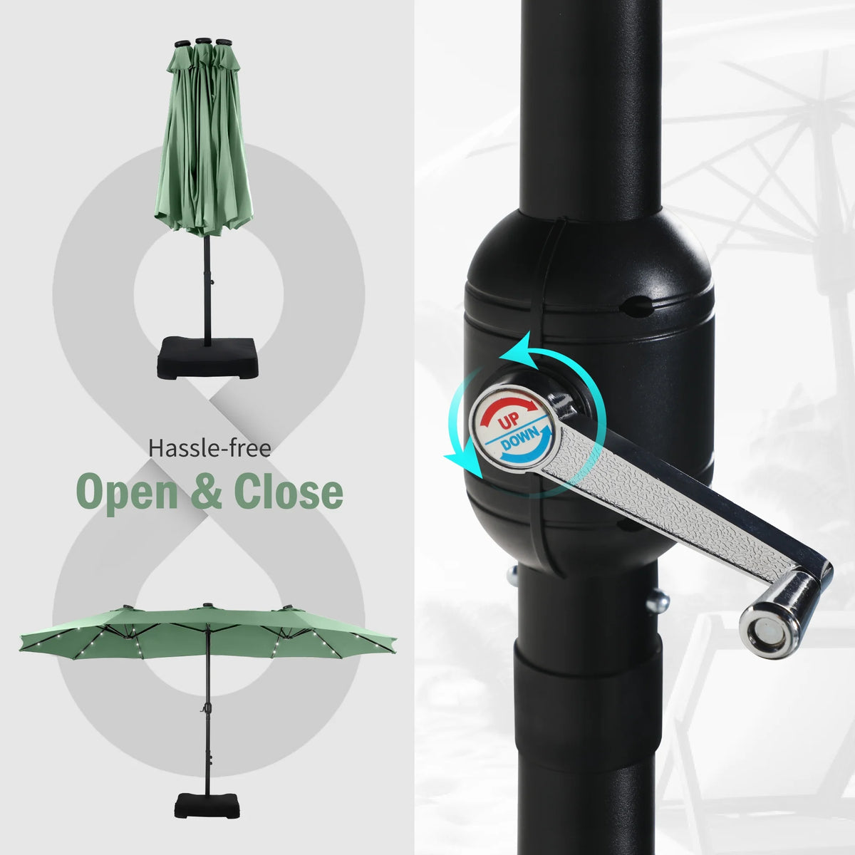 Summit Living 15 FT Double-Sided Solar Patio Umbrella with Base Large Outdoor Umbrella with LED Solar Lights - Haze Blue
