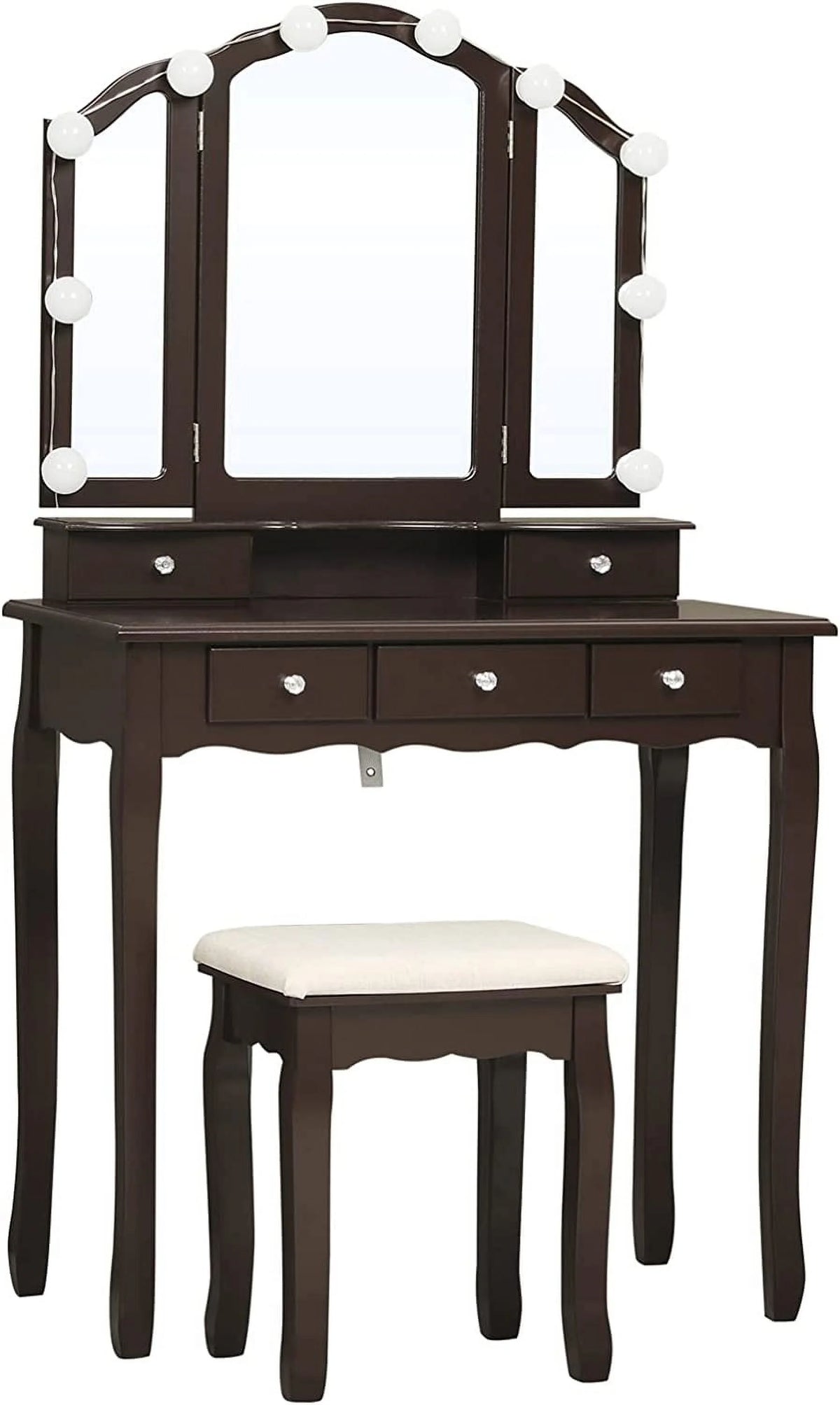 Afuhokles Vanity Table Set with Lighted Tri-Fold Mirror and Stool, Makeup Vanity Dressing Desk 5 Drawers, White