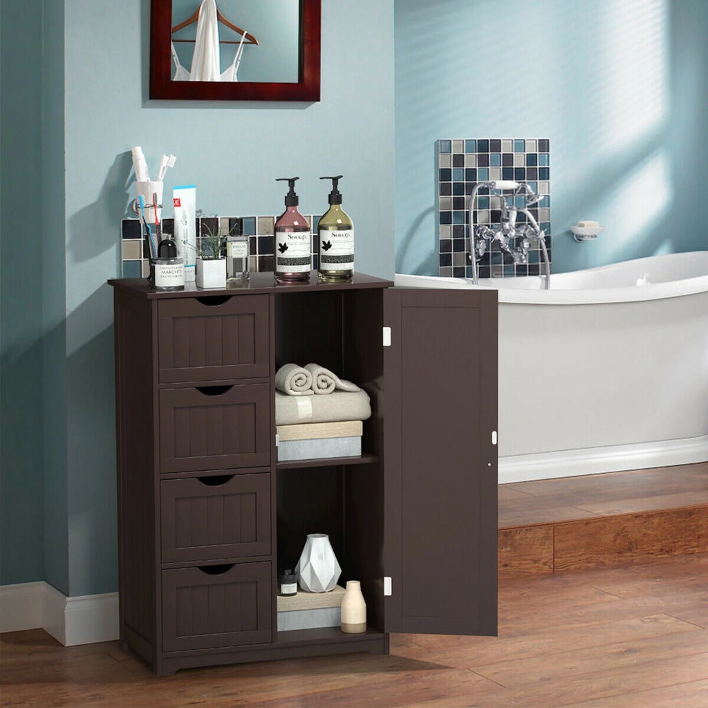 Gymax Bathroom Floor Cabinet Storage Organizer Cupboard w/ 4 Drawers Adjustable Shelf Grey