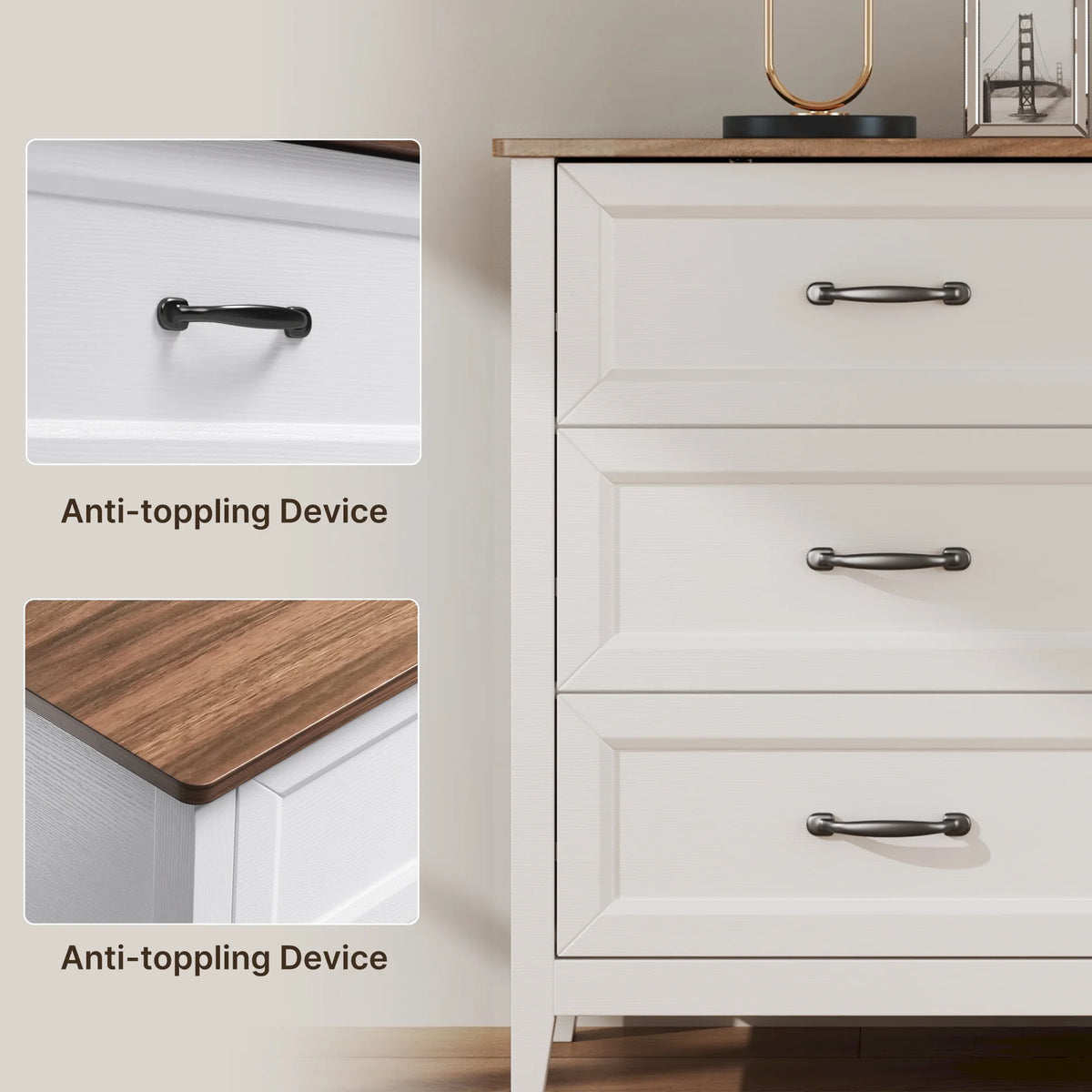 White Dresser, Lofka 6 Drawer Dresser for Bedroom, Chests of Drawers for Living Room, White Brown