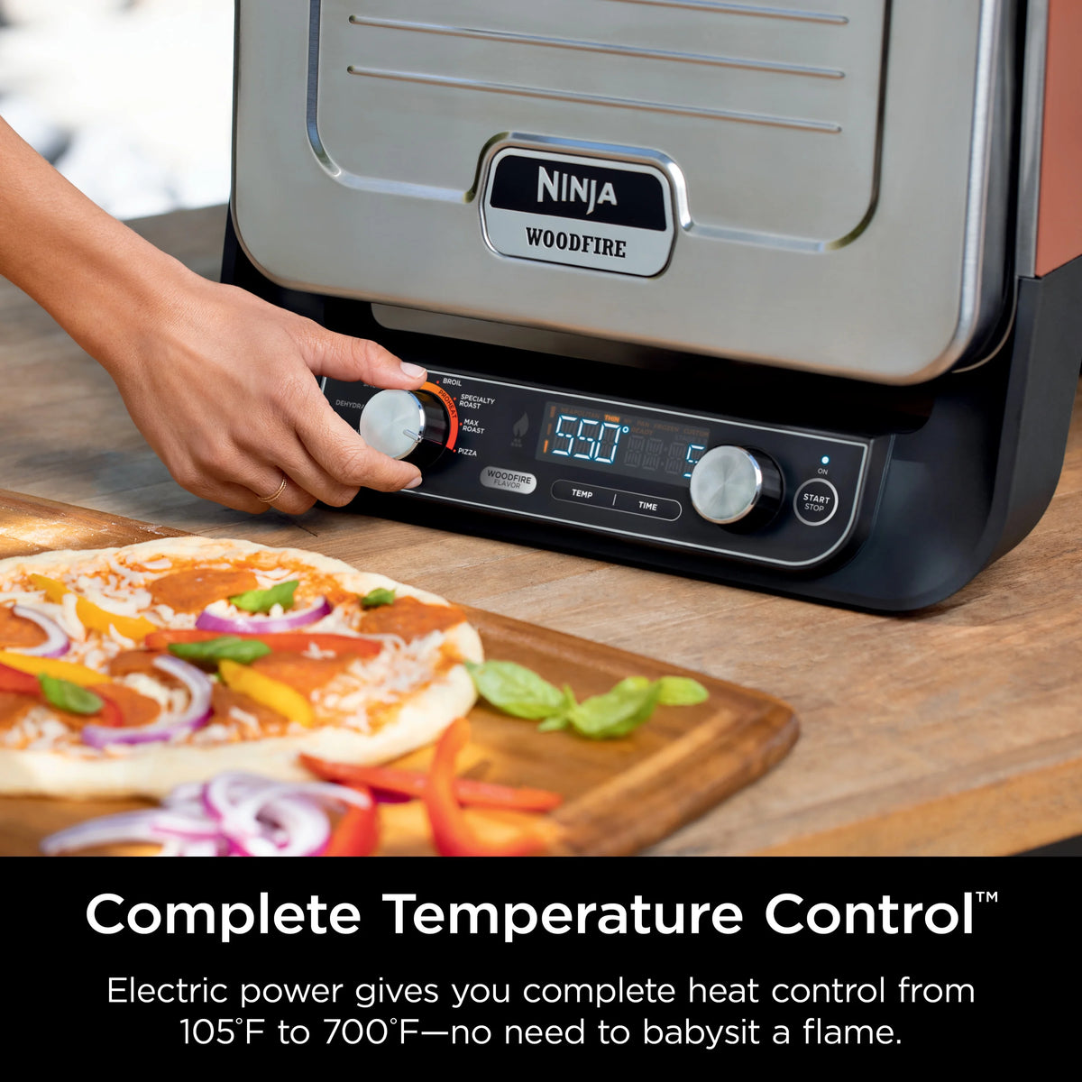 Ninja Woodfire? Pizza Oven, 8-in-1 outdoor oven, 5 Pizza Settings, Ninja Woodfire? Technology, up to 700F heat, BBQ smoker, electric