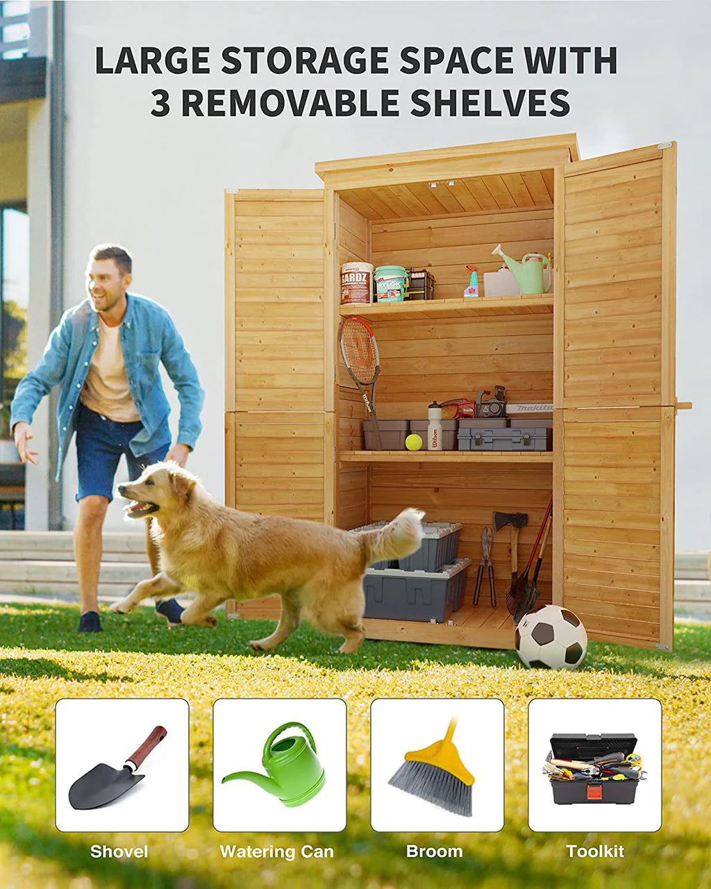 Lofka Outdoor Storage Cabinet Garden Shed w/ Asphalt Roof, Wooden, Natural