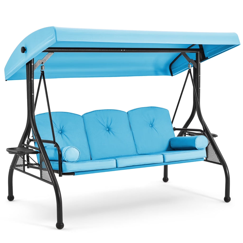Homrest 3 Seat Outdoor Porch Swing with Adjustable Canopy, Cushions, and Cup Holder - Wine Red