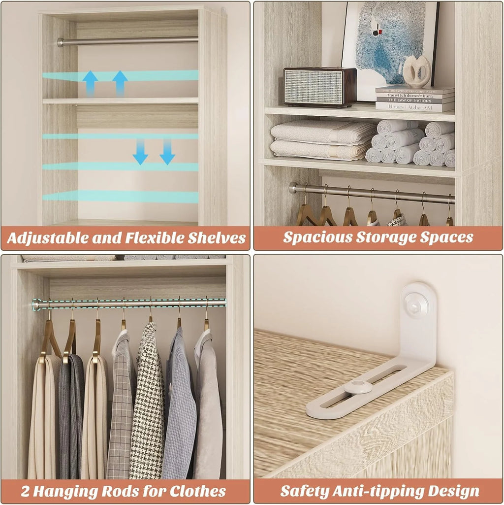 Homieasy 25 Closet System, Freestanding Closet Organizer Wardrobe with Hanging Rods and Shelves, Adjustable Clothes Garment Rack, Sturdy Walk in Closet Tower, White