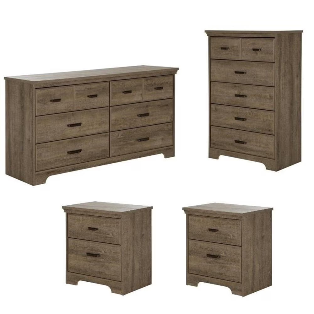 Pemberly Row 4Pcs Dresser & Double Dresser & 2 Nightstands Set in Weathered Oak