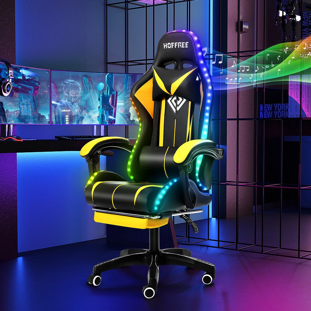 Hoffree Gaming Chair with Bluetooth Speakers and Footrest Massage Office Chair with LED Lights Ergonomic Game Chair High Back with Lumbar Support and Headrest Adjustable Swivel for Adults 300lb