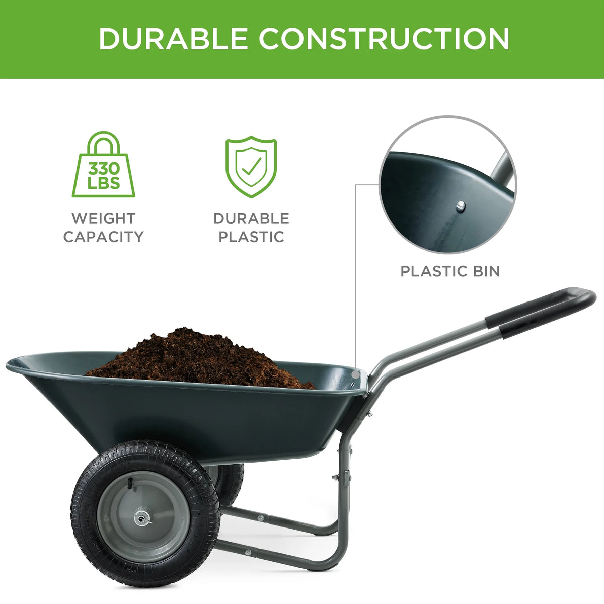 Best Choice Products Dual-Wheel Home Wheelbarrow Yard Garden Cart for Lawn, Construction - Green