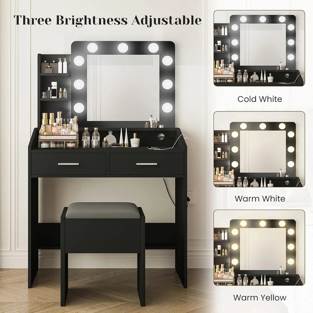 OYang Makeup Vanity with Lights, Vanity Desk with Mirror and Lights Set, Large Drawer and Two-Tier Lots Storage Cabinet, 3 Lighting Modes Adjustable Brightness