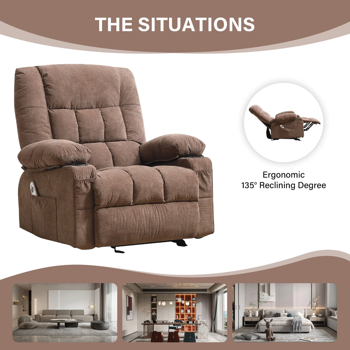 JONPONY Massage Swivel Rocker Recliner Chair with Vibration Massage and Heat Ergonomic Lounge Chair for Living Room with Rocking Function and Side Pocket, 2 Cup Holders, USB Charge Port,Grey