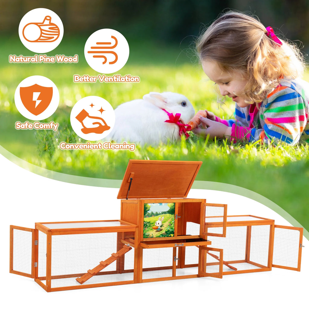 COZIWOW 94'' Wooden Large Rabbit Hutch with Pull Guinea Pig House Chincken Coop Gray