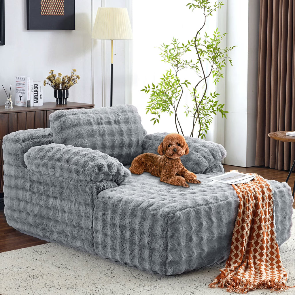 Ktaxon 68" Lounge Chair, Bubble Fleece Fabric Sofa Bed, Boneless Sleeper Chaise with Removable Backrest & Pillow-Top Armrests for Living Room White