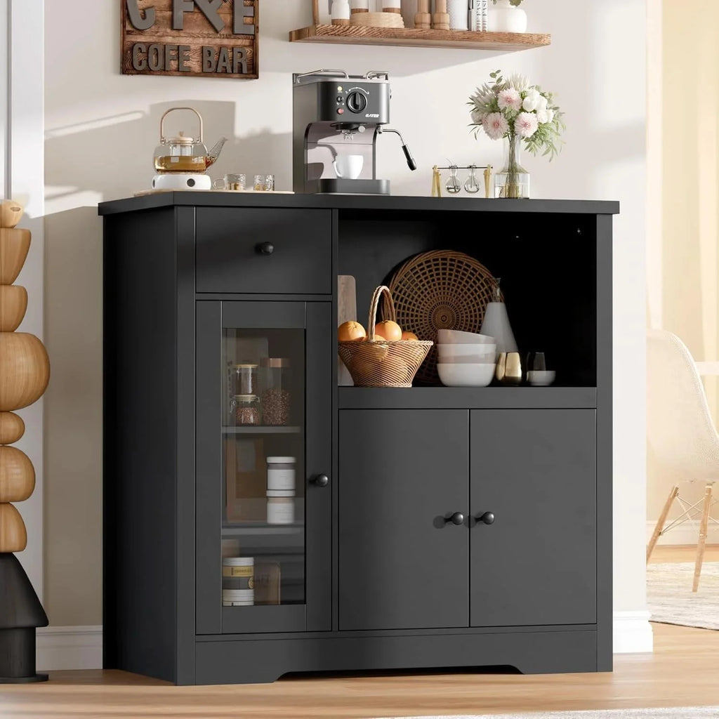 Kitchen Microwave Cabinet with Storage,Buffet Sideboard with 3 Doors, 1 Drawer & Adjustable Shelves, Pantry Storage Cabinet, White