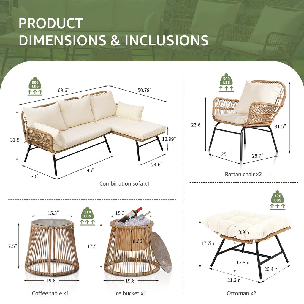 RADIATA 6-Piece Boho Patio Furniture Set, Outdoor Wicker Sectional Sofa Conversation Set with Ice Bucket & Coffee Table, 500lbs Capacity, Beige
