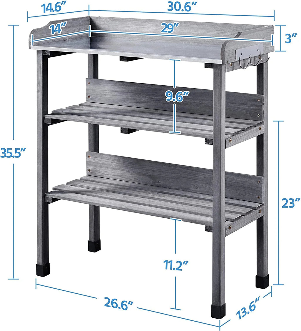 Garden Potting Table Horticulture Potting Bench w/Storage Shelf W/Metal Tabletop w/Hook 3 Shelves Workstation Work Benches Station, Gray