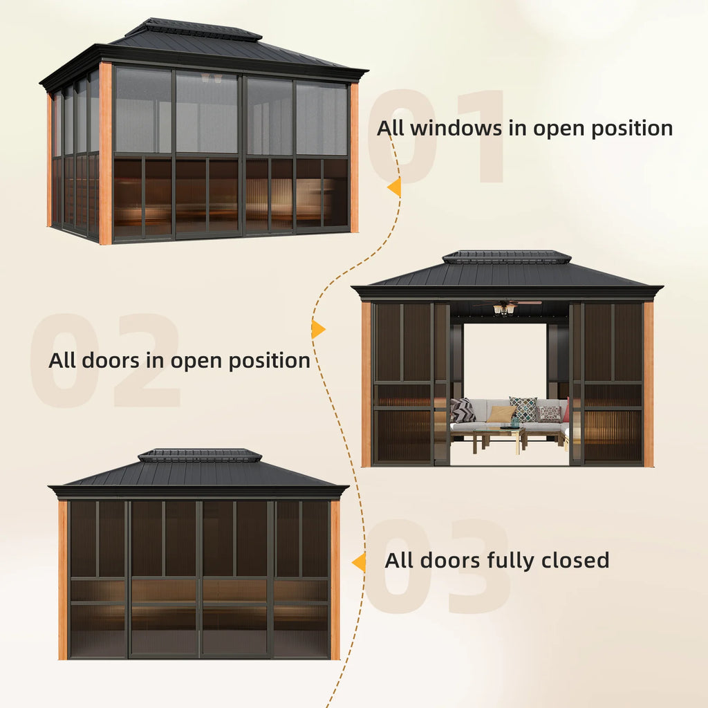 EROMMY 10'x 12' Sunroom, with Front Door, Side Entrance, Galvanized Steel Double Top, Wood Grain Appearance, Aluminum Alloy Frame, Solarium Backyard Sun Room