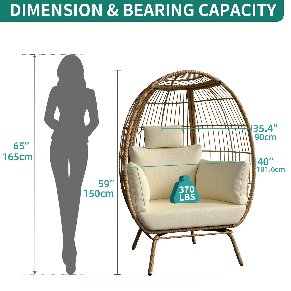 Dextrus Wicker Egg Chair Outdoor Indoor Oversized Lounger with Stand and Cushions Egg Basket Chair for Patio Backyard Porch - Beige