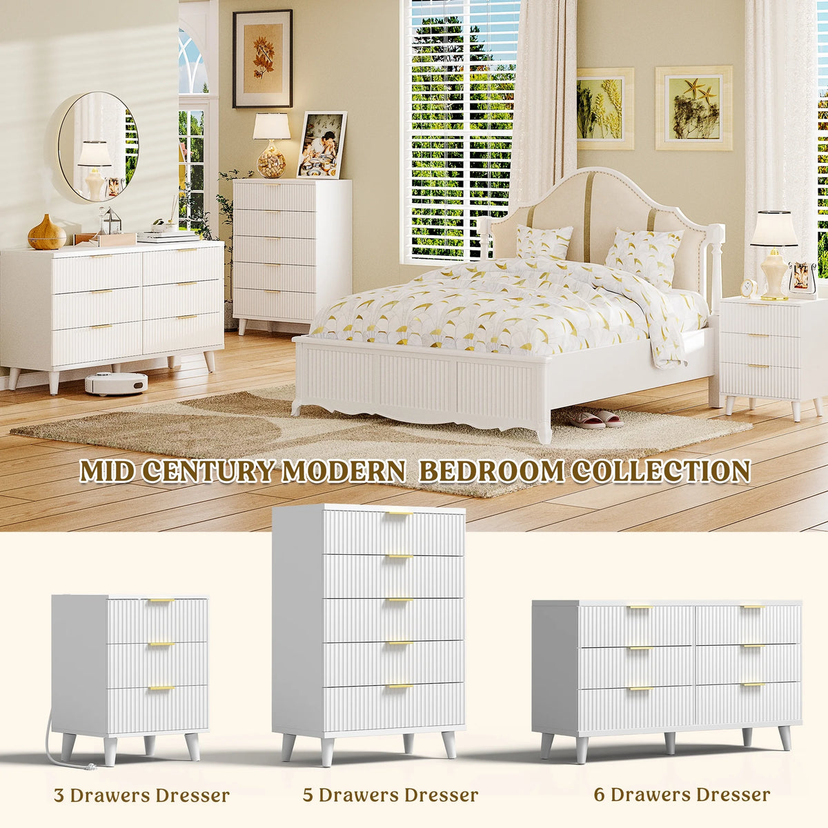 GIKPAL Night Stands for Bedroom, Modern Bedside Table with 3 Drawers & Charging Station,Fluted Panel End Tables for Bedroom  & Living Room, Natural