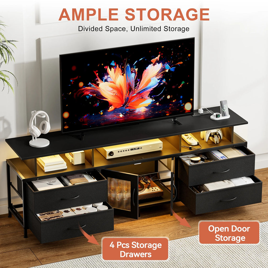 GUNAITO TV Stand for TV up to 70", Big TV Stand for Living Room Entertainment Center with LED Lights and 4 Fabric Drawers , Black