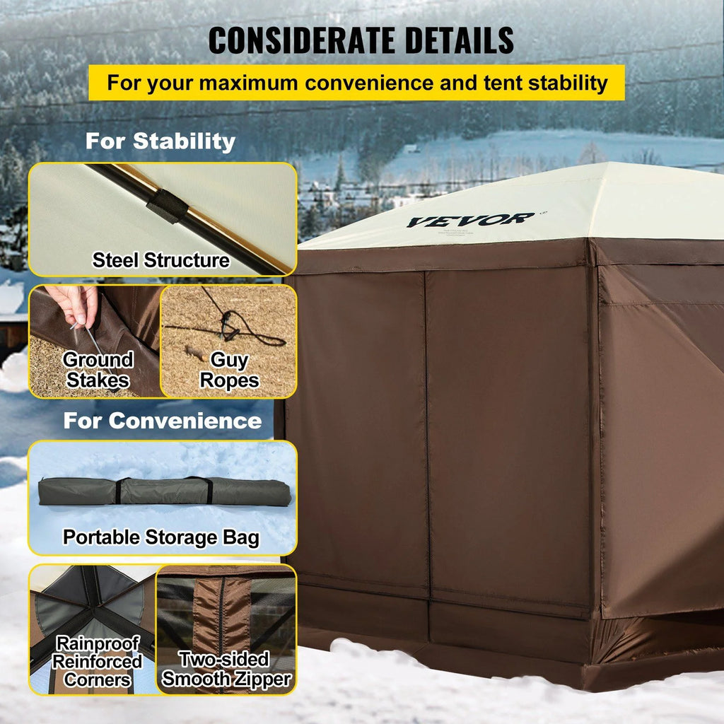 Extra Large 12x12ft Pop-Up Screen Tent, Portable Gazebo Canopy with Mesh Sides Water-Resistant Shelter for Camping, Beach, Lawn (Brown/Beige, 6-Sided Design)