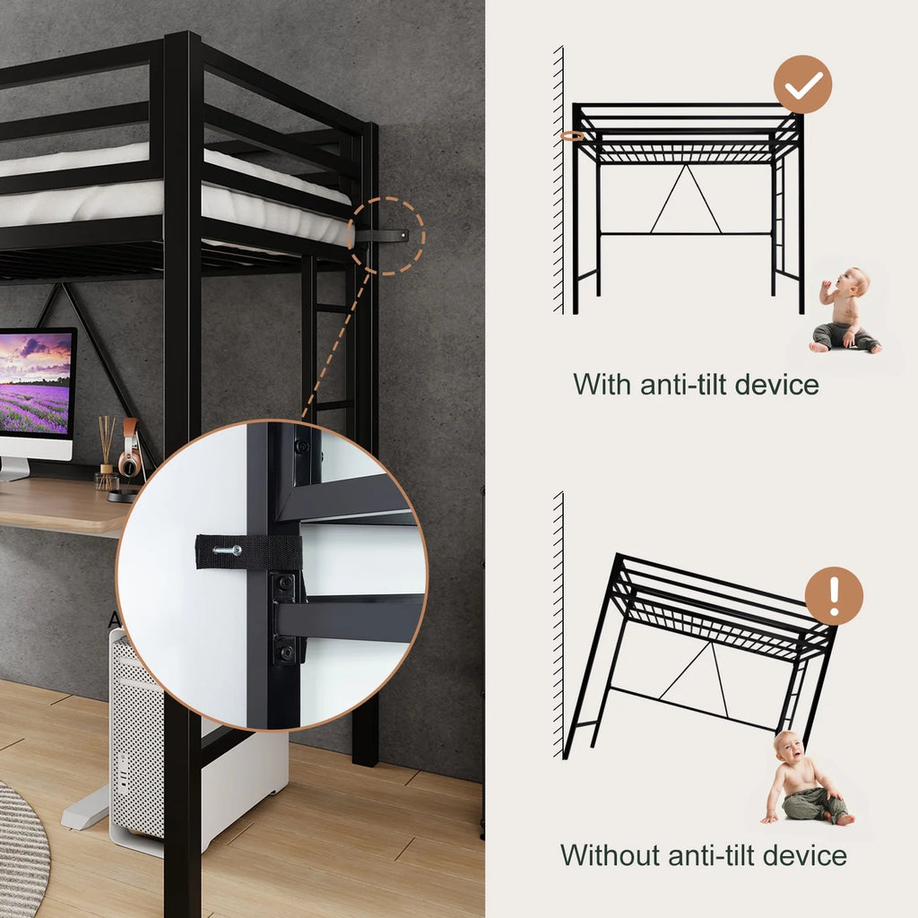 Amolife Twin Size Heavy Duty Metal Loft Bed with Removable Ladder & Full-Length Guardrail, Black