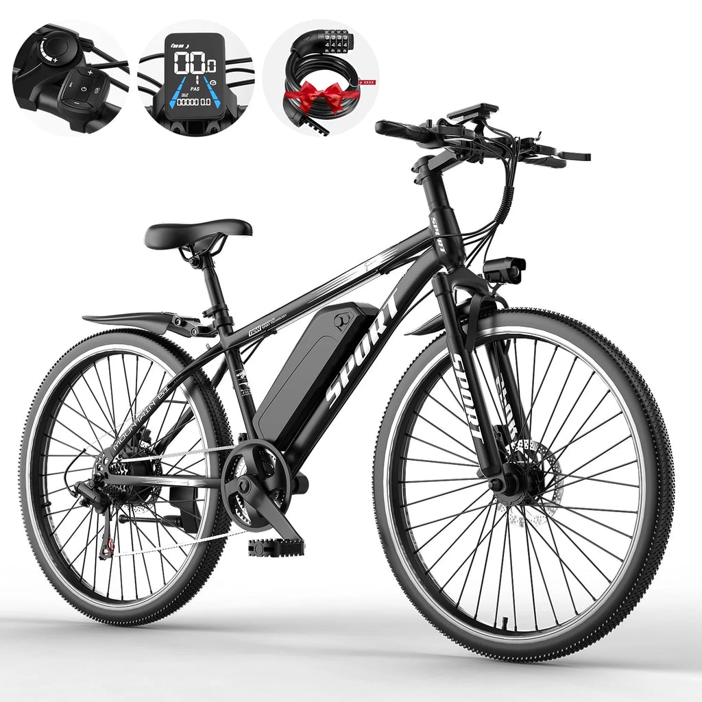26" Electric Bike for Adults with Peak 750W Brushless Motor, 35Miles 22MPH Commuting Electric Mountain Bike with 36V 10AH Removable Battery, 7-Speed, Front Fork Suspension