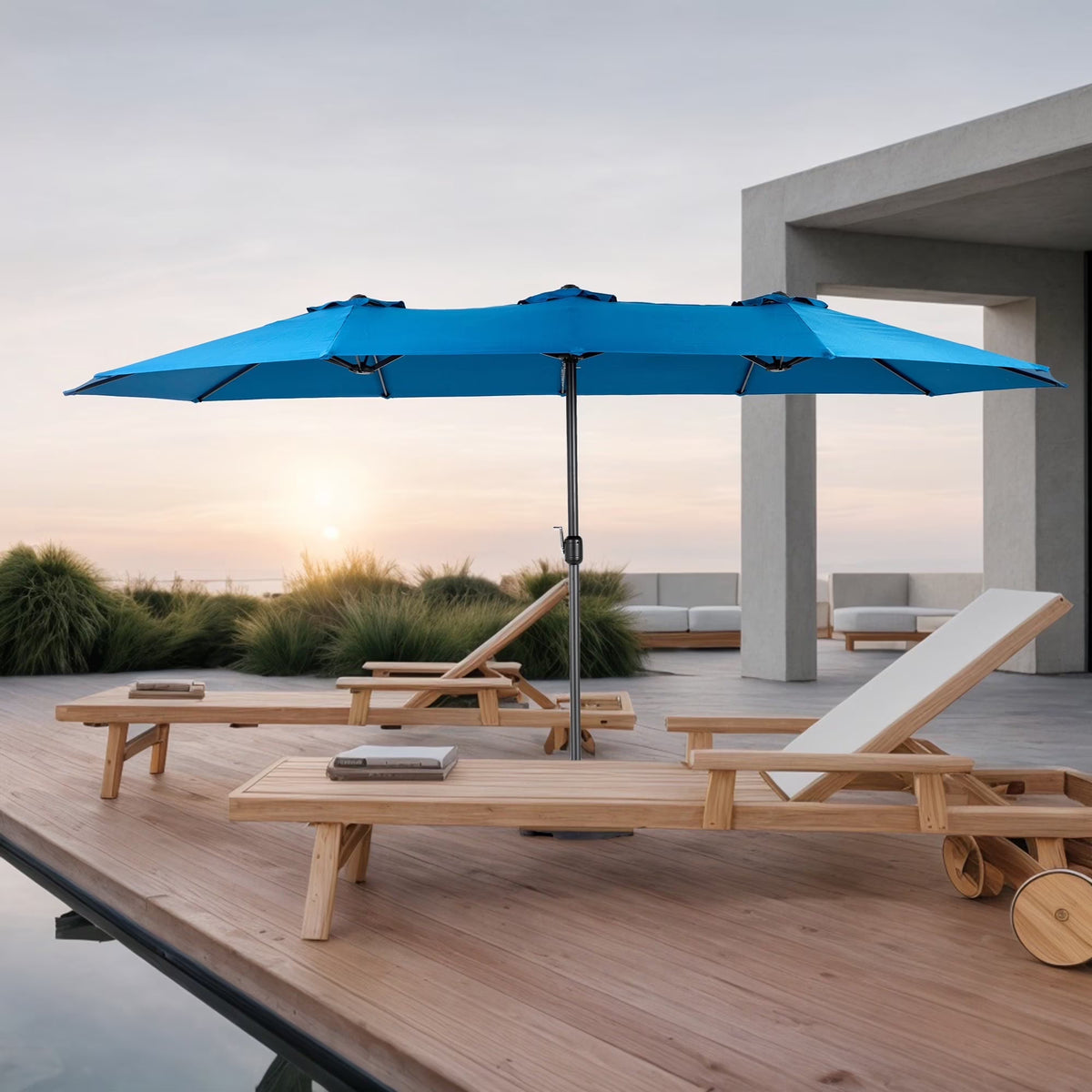Outdoor Patio Umbrella, 15FT Double-Sided Solar Umbrella with Crank, Large Umbrella for Pool Yard, with 12pcs Steel Ribs, Dark Green