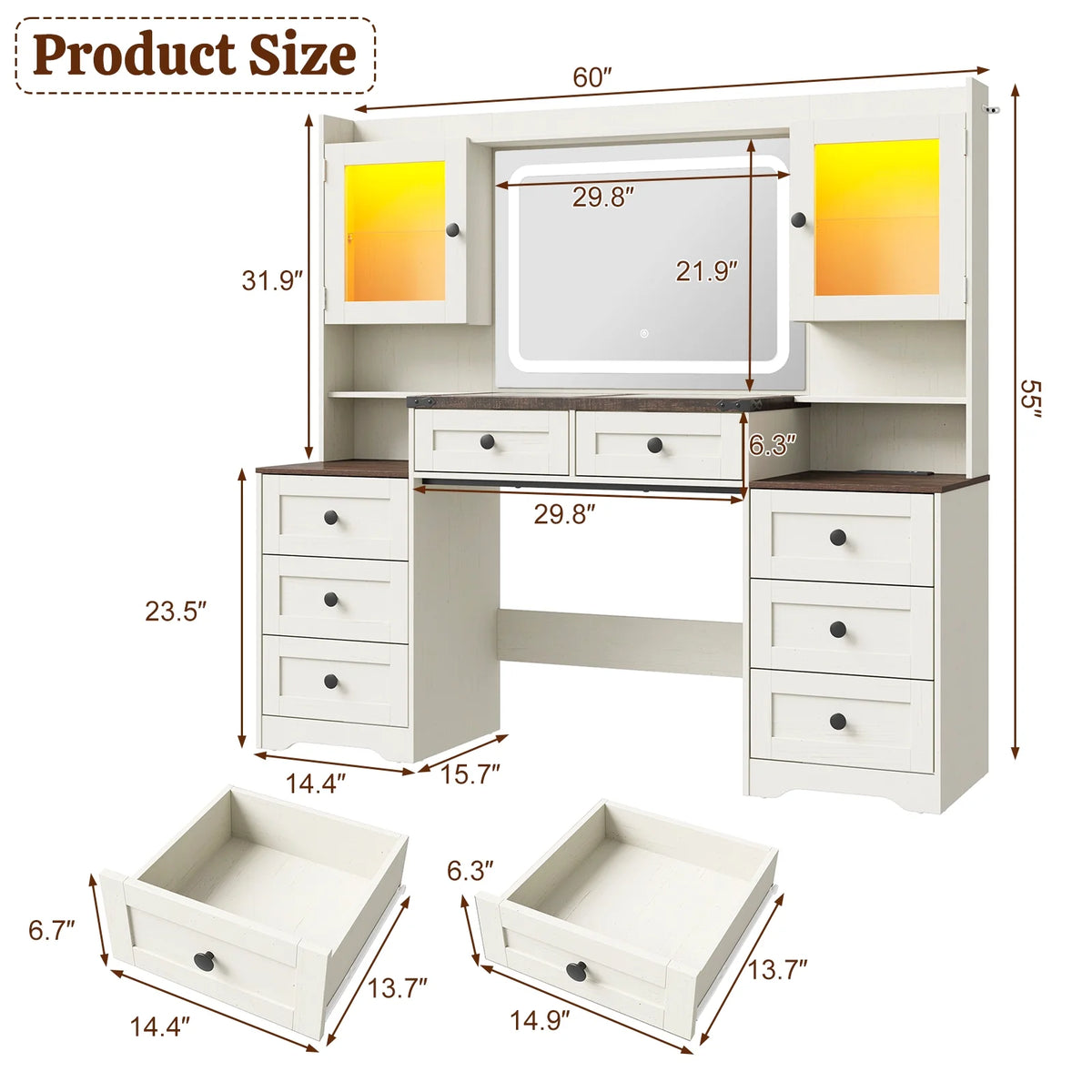 ANPOO 60" Farmhouse Vanity Desk with Outlet, Mirror Lights, Tempered Glass Top, Big Makeup Vanity Table with 2 RGB Glass Cabinets, 60000-color LED Lights, Wood Makeup Desk for Women, Girls, Brown