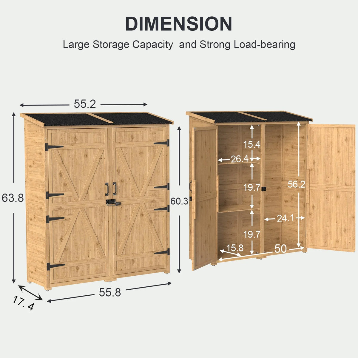Outdoor Storage shed, Lofka Wooden Outdoor Storage Cabinet, with 2 Lockable Doors and Handles, 5.3ft x4.6ft, Natural