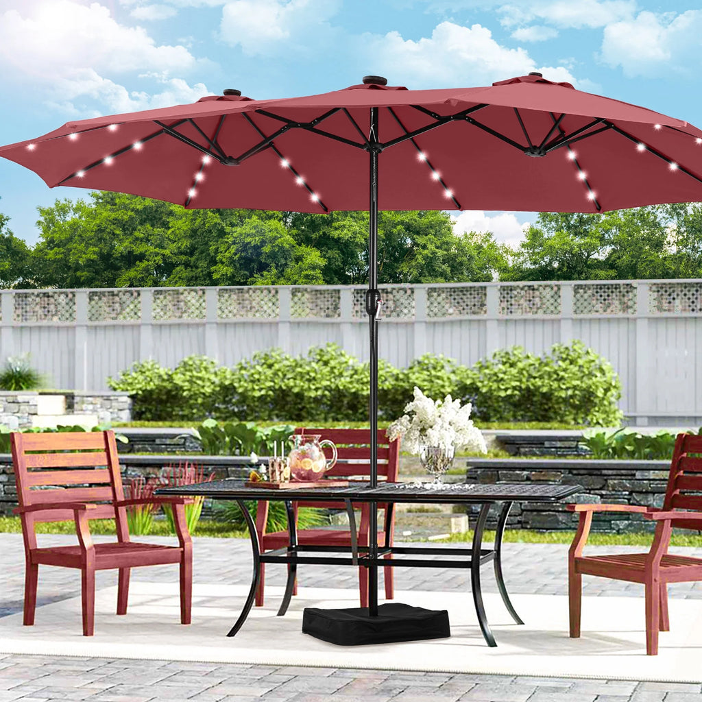 Alpha Joy 15ft Extra Large Outdoor Patio Double-Sided Umbrella with LED Solar Lights & Umbrella Base, Beige