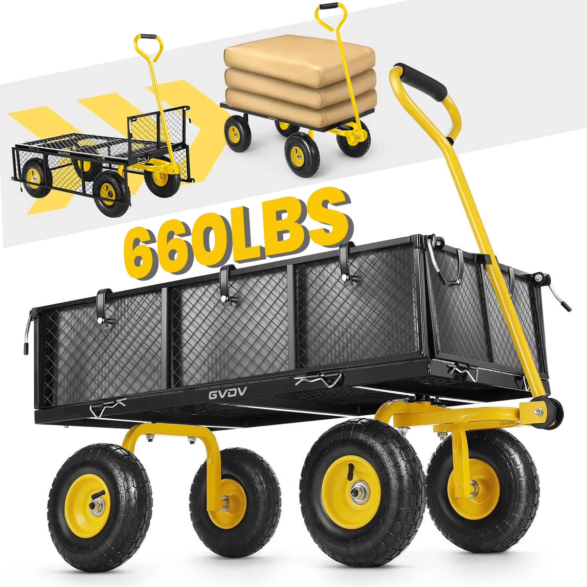 GVDV Heavy Duty Steel Garden Cart with Liner, 660lbs Capacity, 3 Cu ft, 10" All-Terrain Wheels, Black/Yellow Durable Utility Cart for Yard Work, Hauling, and Outdoor Use