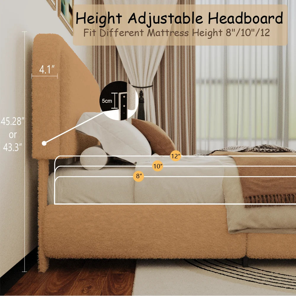 VIPLOV King Size Boucle Bed Frame, Cloud Upholstered Platform Bed with Height Adjustable Headboard & Soft Rounded Corners, No Noise Free, Easy Assembly,Beige