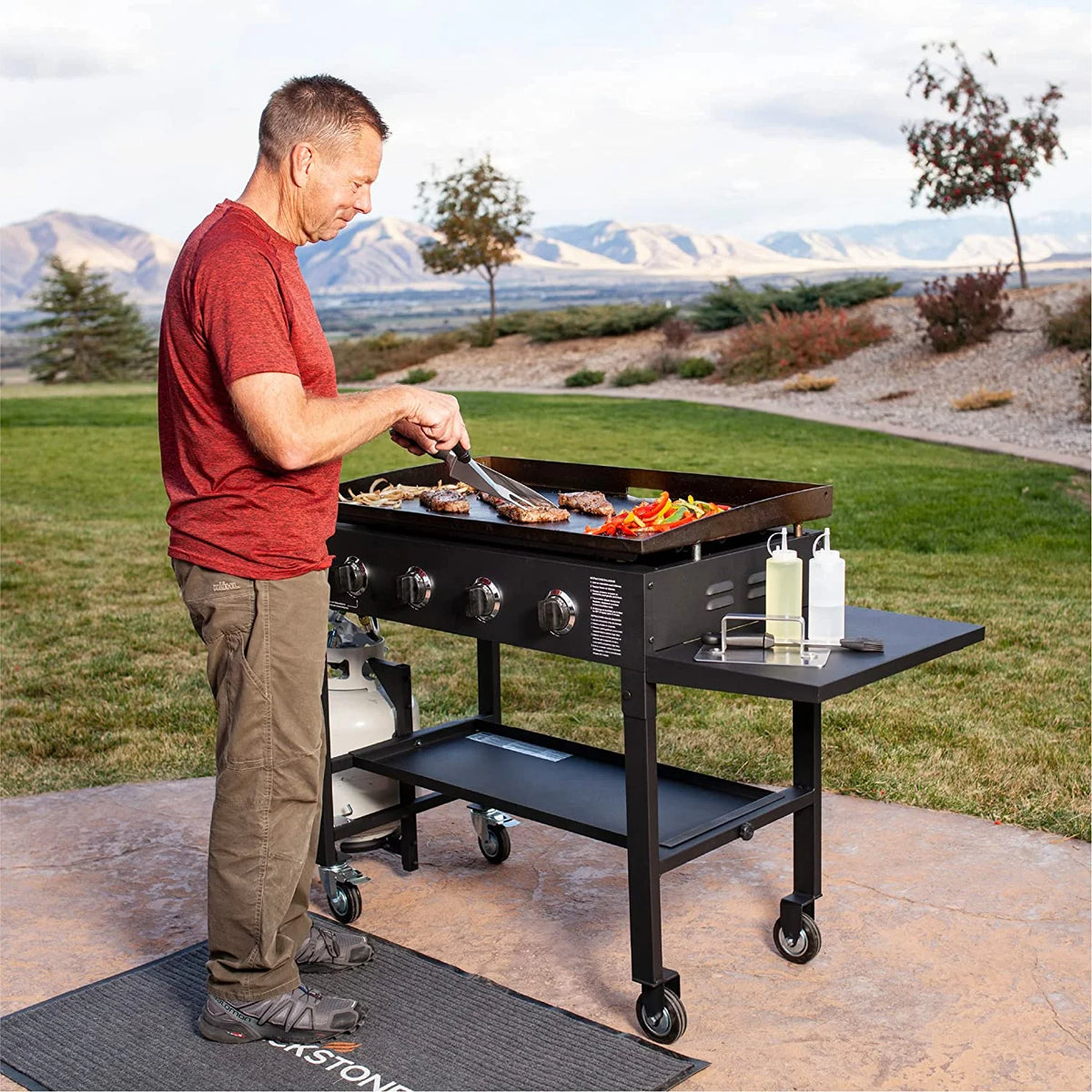 36 Inch Gas Griddle Cooking Station 4 Burner Flat Top Gas Grill Propane Fuelled Restaurant Grade Professional 36 Outdoor Griddle Station with Side Shelf (1554)