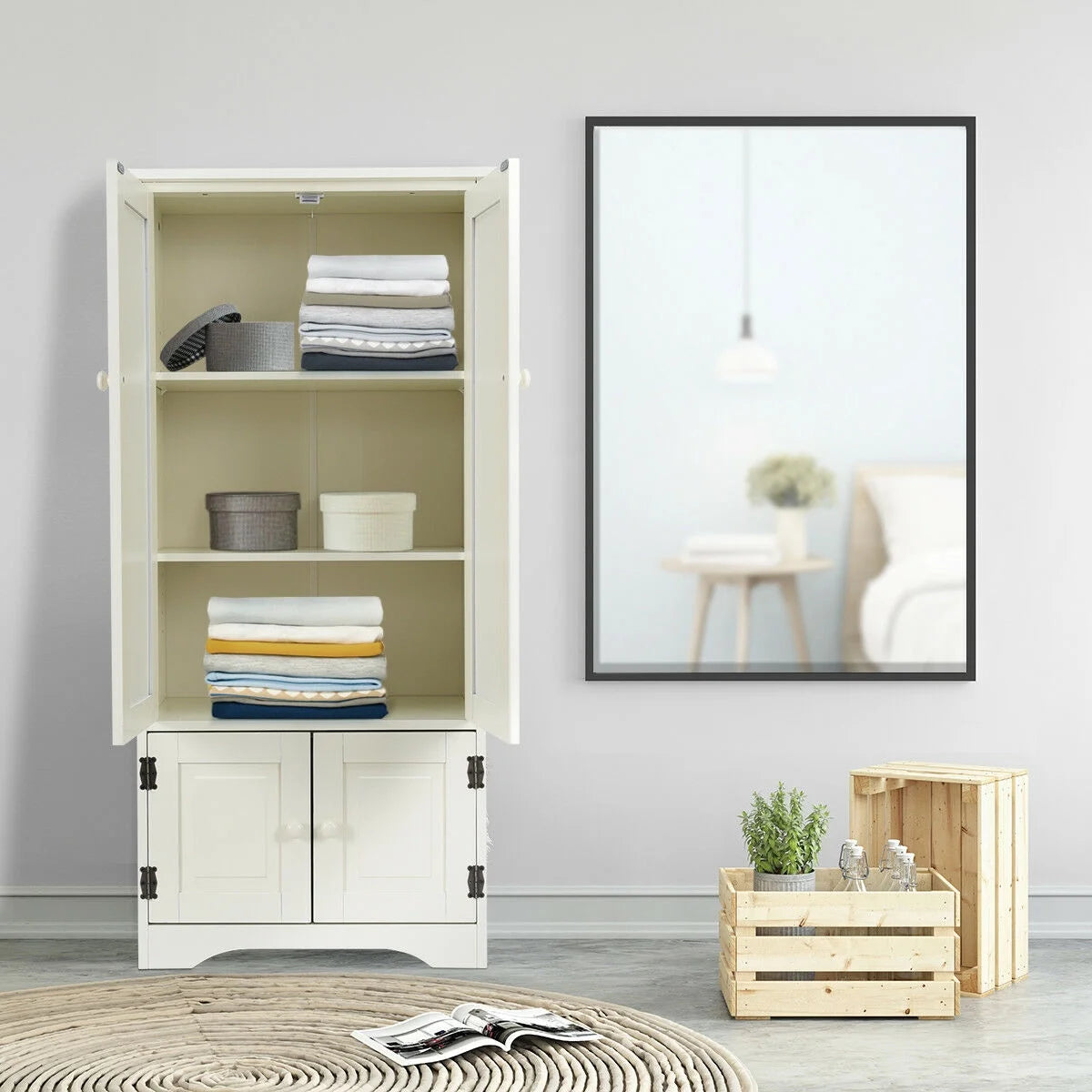 Costway Accent Storage Cabinet Adjustable Shelves Antique 2 Door Floor Cabinet Cream White
