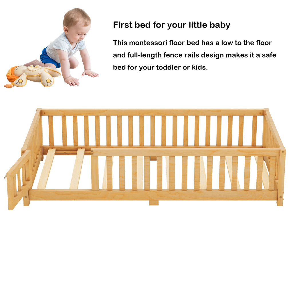 Bellemave Full Size Floor Bed with Door and Fence Floor Bed with Bed Slats Sturdy Wood Floor Bed Montessori Bed Frame (Full, Pink)
