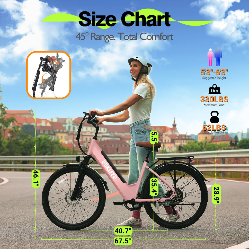 ESKUTE Pkin Electric Bike for Adults - Peak 1500W Brushless Motor, 19MPH, 500W Motor 48V14Ah Removable Battery, 26" Step-Thru Cityrun Ebike, 7-Speed, Up 70 Miles, Commuter E-Bike, with NFC Unlock