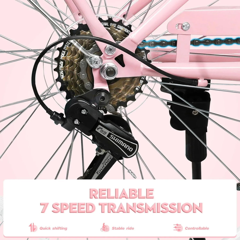 Gaonala 26 inch Womens 7-Speed Pink Cruiser bicycles a versatile family bike and womens beach bikes for urban commutes and leisure