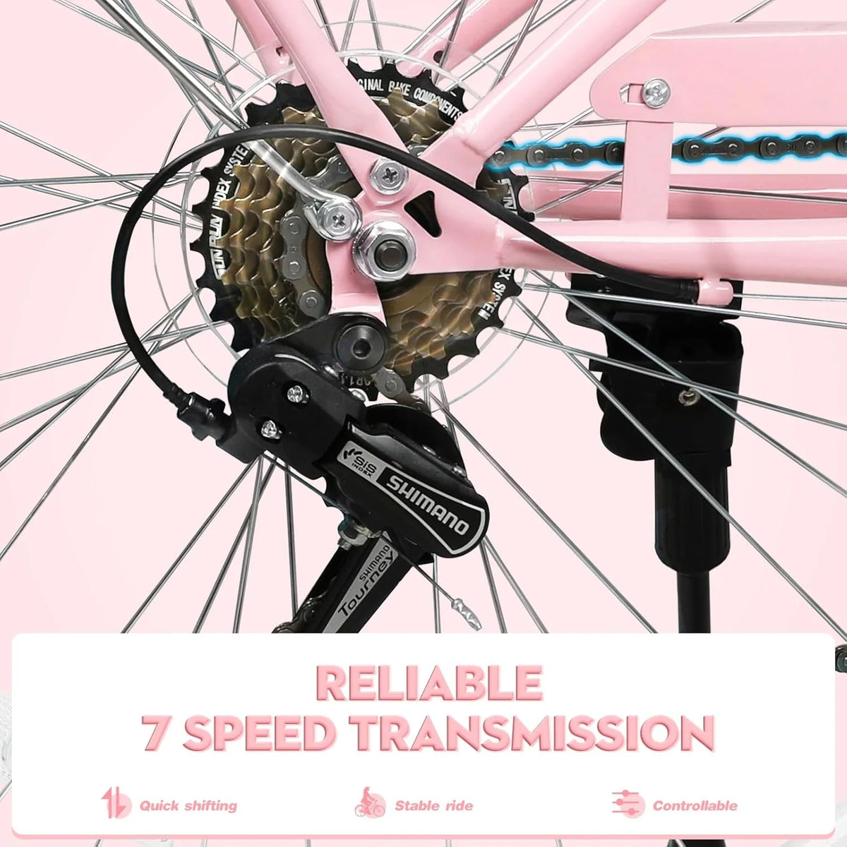 Gaonala 26 inch Womens 7-Speed Pink Cruiser bicycles a versatile family bike and womens beach bikes for urban commutes and leisure