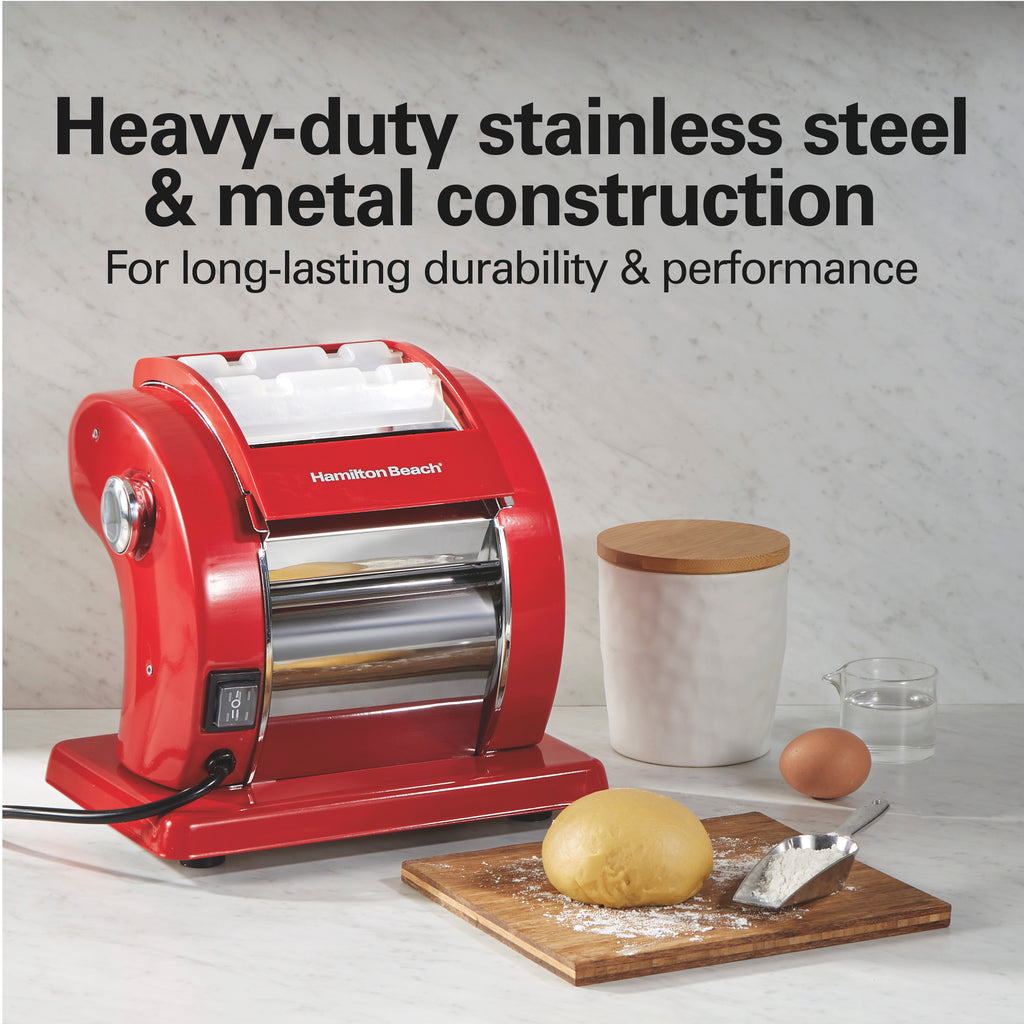 Hamilton Beach Electric Pasta Maker & Noodle Machine with 9 Adjustable Thickness Settings, Includes Spaghetti & Fettucine Cutter, Cutting Wheel, Cleaning Brush, Red