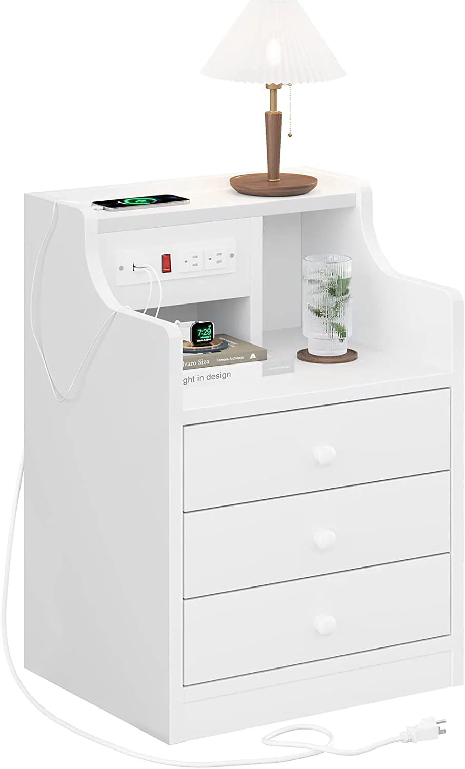 ADORNEVE Nightstand with Charging Station and 3 Storage Drawers, White