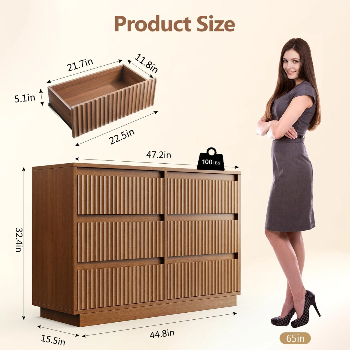 Wood Dresser, 6 Drawer Dresser for Bedroom, Modern Chest of Drawers with Deep Drawers Waterproof Living Room, Hallway, Entryway
