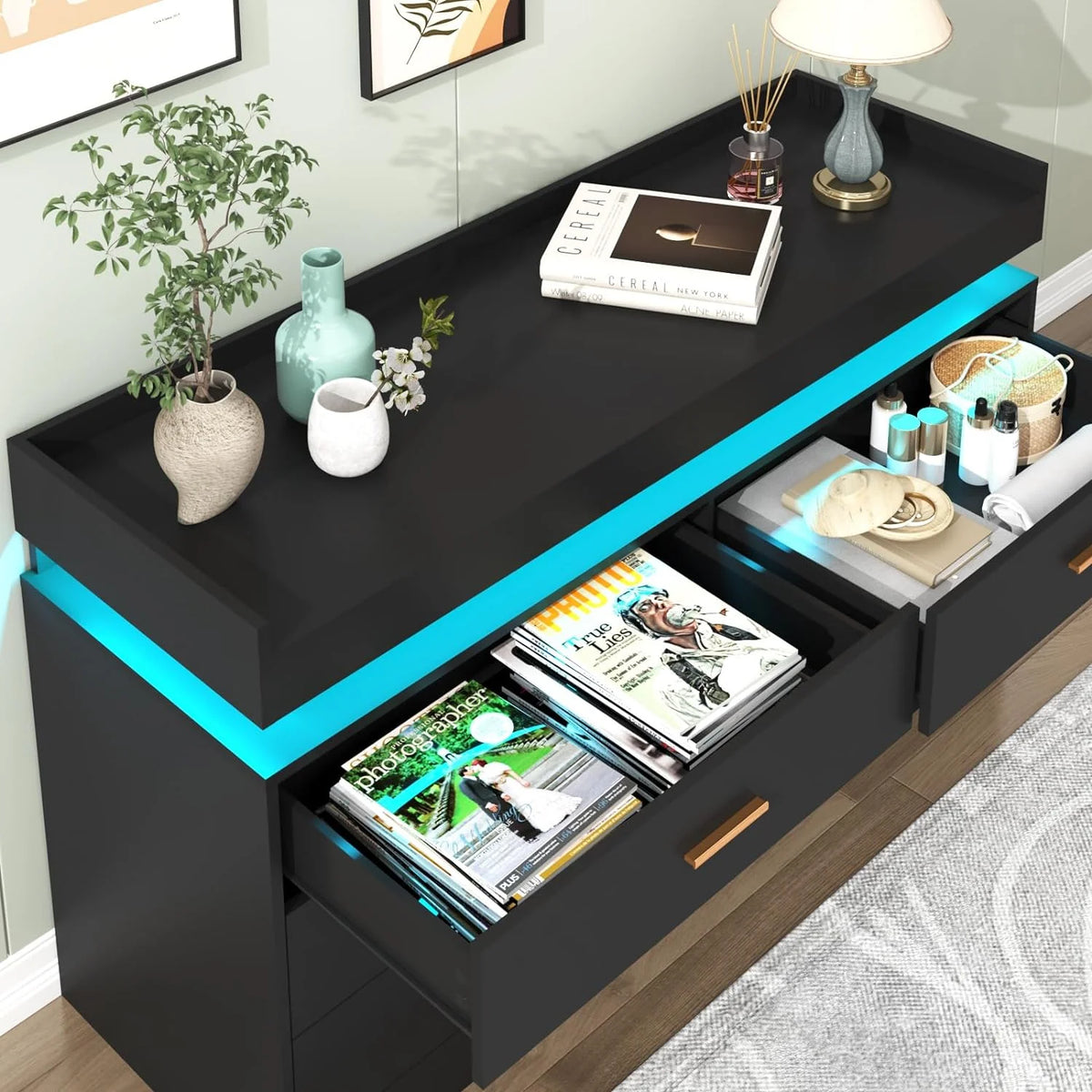 ChVans White Dresser with LED Light and Charging Station, Modern Wood Dresser with Wide Drawers and Metal Handles, 6 drawer dresser for Bedroom, Living Room, Entryway, Hallway