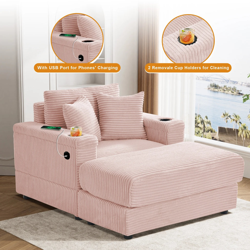 Wiilayok Oversized Lounge Chair Indoor,54" Corduroy Cloud Chaise Lounge Couch Indoor with Ottoman,Cup Holder for Living Room,Bedroom,Beige