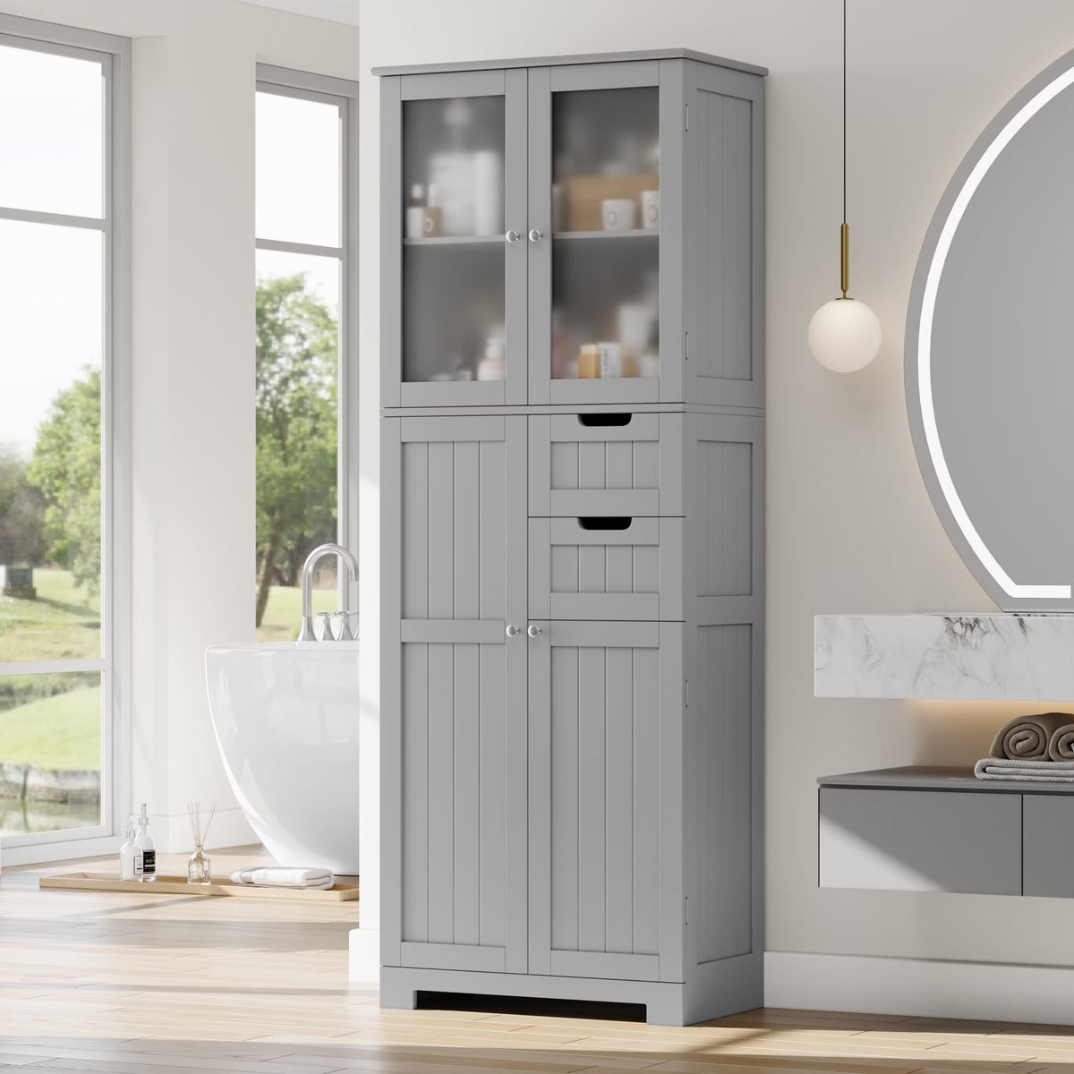 Homfa 67" Tall Bathroom Cabinet, White Linen Cabinet with Doors and Removable Drawers, Kitchen Cupboard