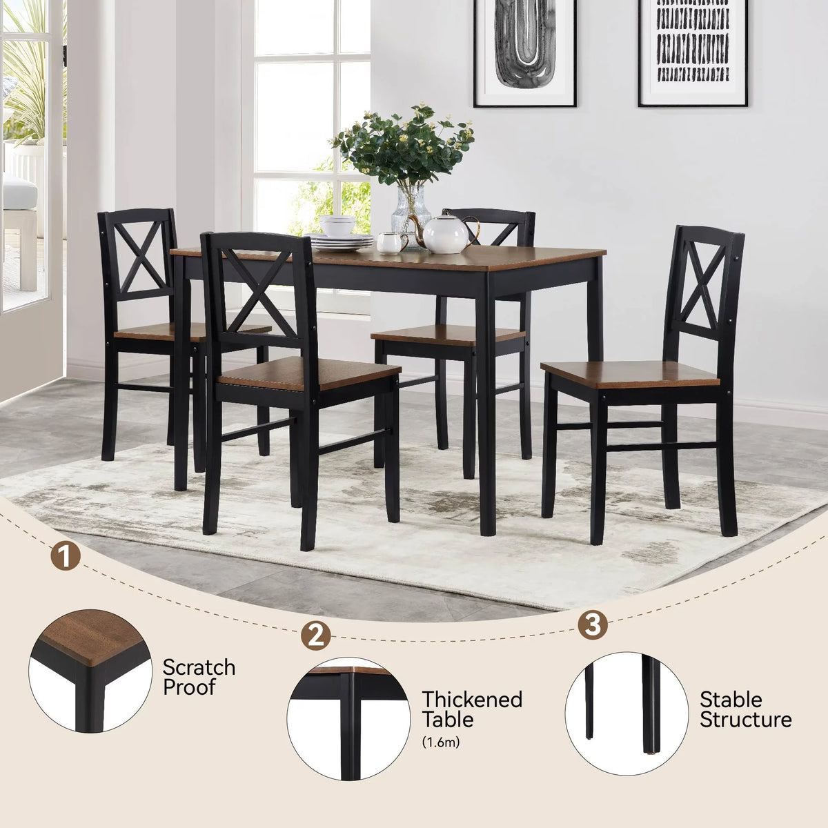 Seizeen Solid Wood Kitchen Table and Chairs, Dining Room Table Set for 4 with Gray Upholstered Chairs, Wood Grain Table Heavy-Duty Frame, Rustic Minimalist Style Breakfast Nook Set
