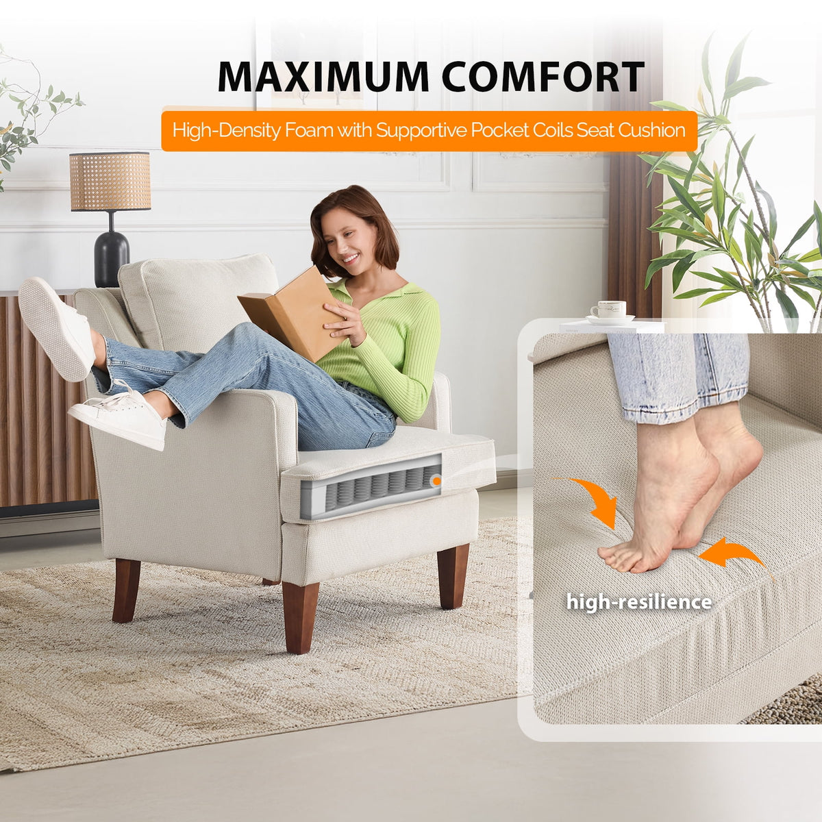 Ktaxon Fabric Accent Chair, Reading Armchair with Removable Cushion, Single Sofa with Extra Seat Depth for Living Room Bedroom Black