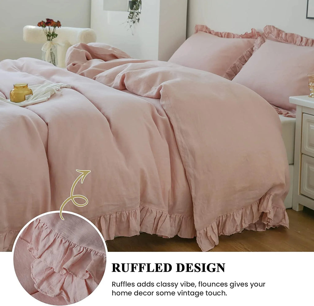 Simple&Opulence 100% Washed Linen Duvet Cover Set-3 Pieces Shabby Chic Premium Ruffled Bedding with 1 Comforter Cover and 2 Pillowshams France Flax High End Frill Sets Vintage Style(King, White)