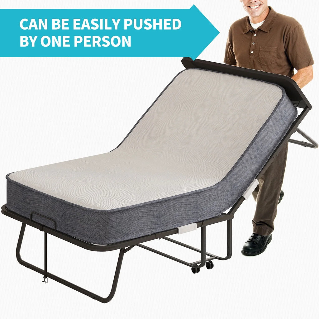 CECER Folding Bed with 5-inch Thick Mattress and Headboard|31" Width Twin Size Portable Bed|Space Saving Foldable Bed with High Resilient Foam Mattress|Foldable Metal Bed Frame with 4 Lockable Wheels