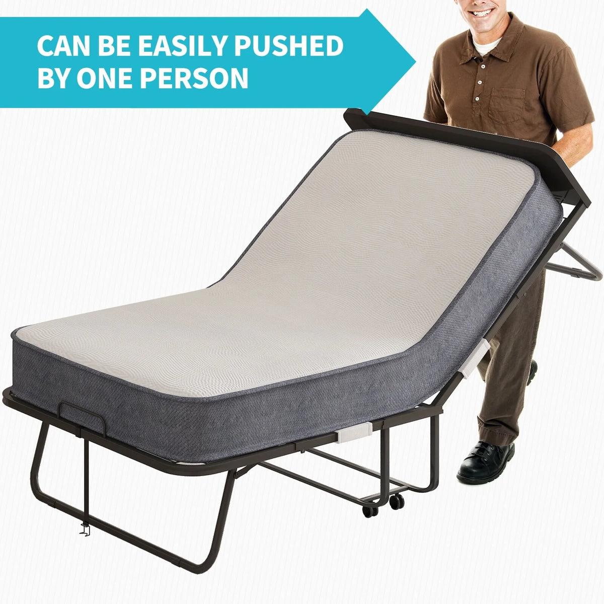 CECER Folding Bed with 5-inch Thick Mattress and Headboard|31" Width Twin Size Portable Bed|Space Saving Foldable Bed with High Resilient Foam Mattress|Foldable Metal Bed Frame with 4 Lockable Wheels